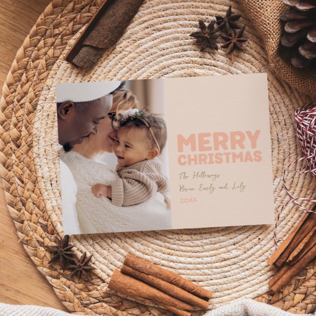 Bold Modern Coral Merry Christmas One Photo Holiday Card (Creator Uploaded)