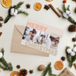 Bold Modern Coral Merry Christmas Three Photo  Holiday Card<br><div class="desc">Send warm wishes this holiday season with this unique and cute, bold modern coral Merry Christmas three photo holiday card. Its simple and minimalist design features boho-inspired elements in light pink, pastel coral, sage green, blush, and peach hues. Celebrating the festive spirit of December, this design brings a cheerful and...</div>