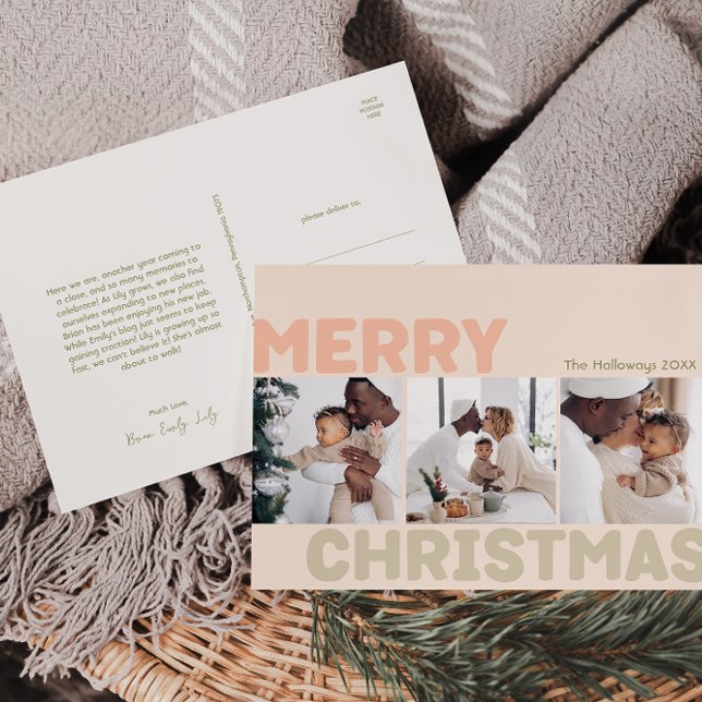 Bold Modern Coral Merry Christmas Three Photo Holiday Postcard (Creator Uploaded)
