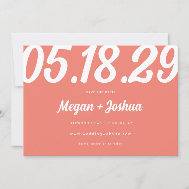 Bold Modern Coral Pink Wedding Photo Save The Date (Front)