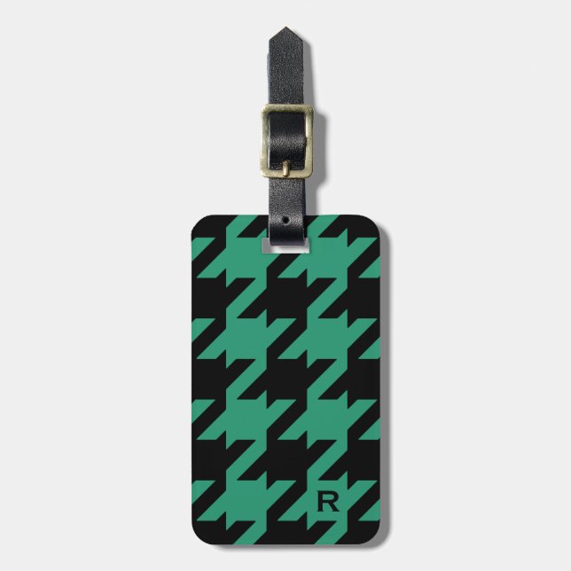 Bold modern emerald houndstooth with monogram luggage tag (Front Vertical)