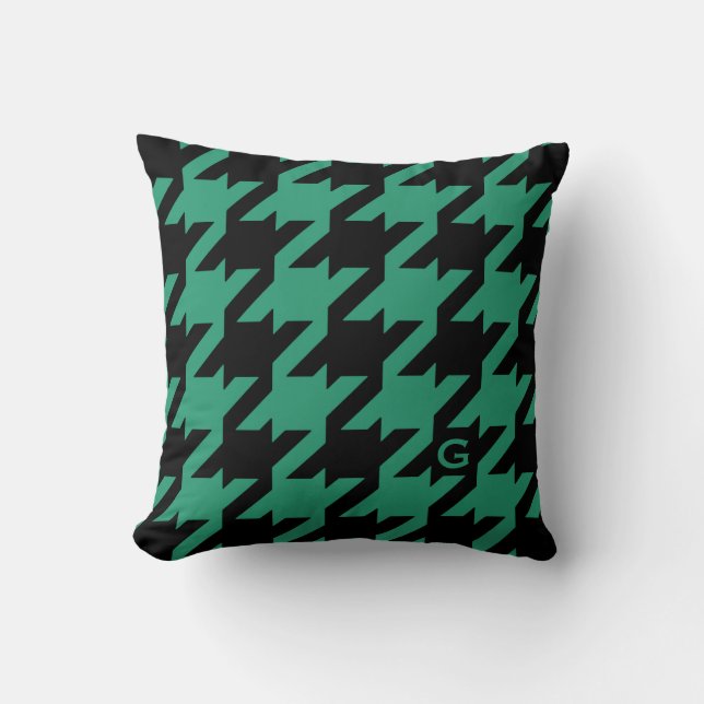 Bold modern emerald houndstooth with monogram throw pillow (Front)