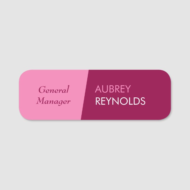 Bold Modern Feminine Pink Professional Company Name Tag (Front)