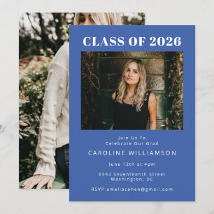 Bold Modern French Blue Two Photo Graduation Party Invitation