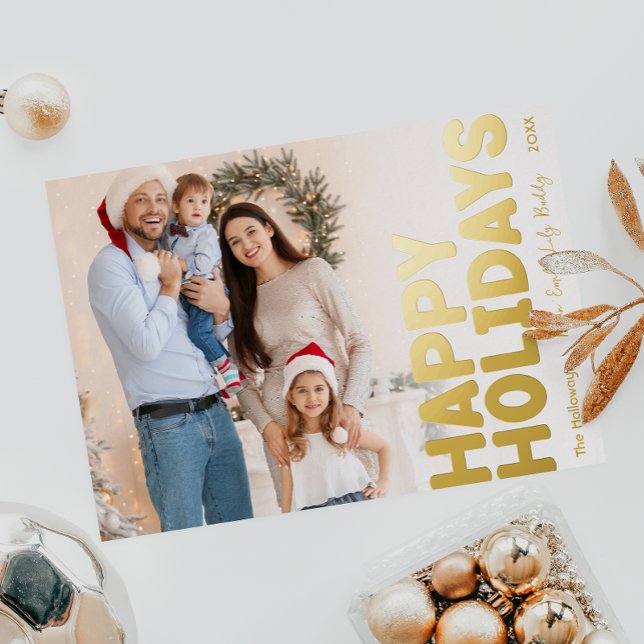 Bold Modern Full Photo Happy Gold Foil Holiday Card (Creator Uploaded)