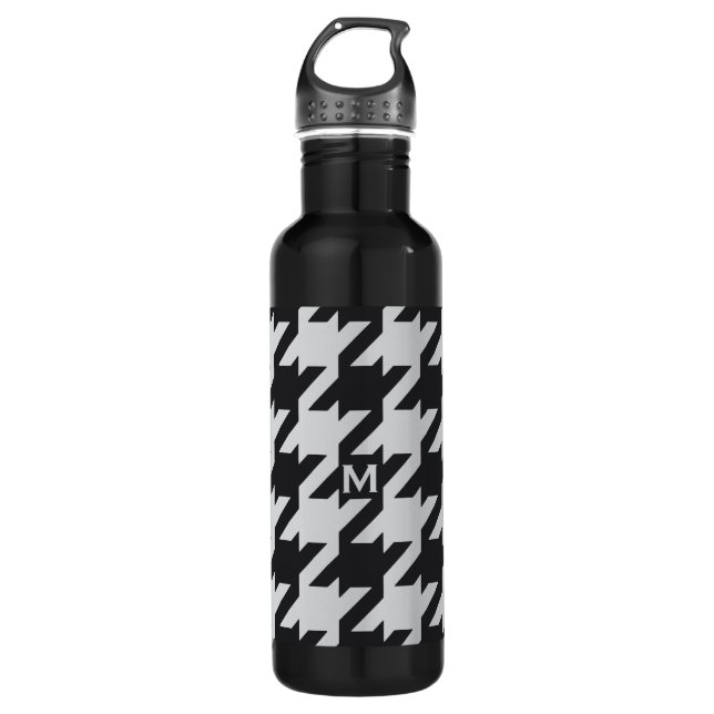 Bold modern grey black houndstooth with monogram 710 ml water bottle (Front)