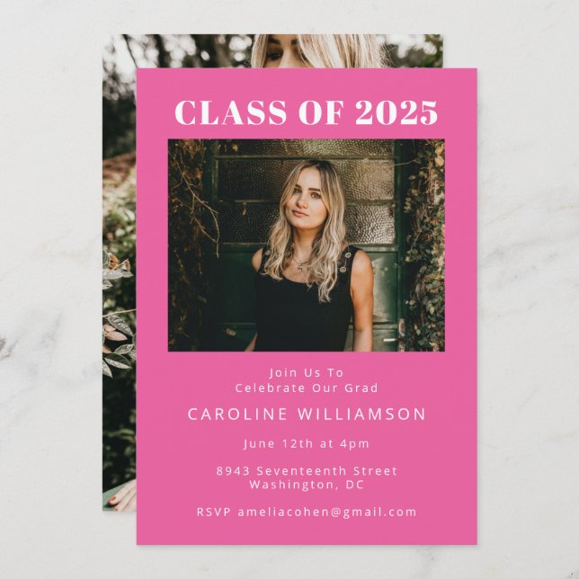 Bold Modern Hot Pink Two Photo Graduation Party Invitation (Front/Back)