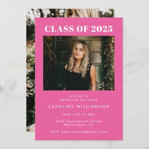 Bold Modern Hot Pink Two Photo Graduation Party Invitation