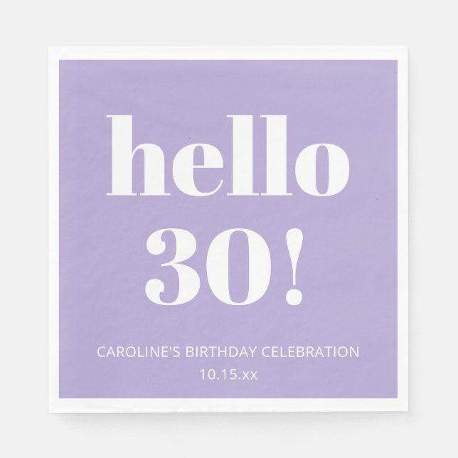 Bold Modern Lavender Purple 30th Birthday Party Napkin (Front)