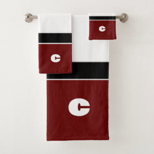 Bold Modern Maroon Striped Monogram Bath Towel Set