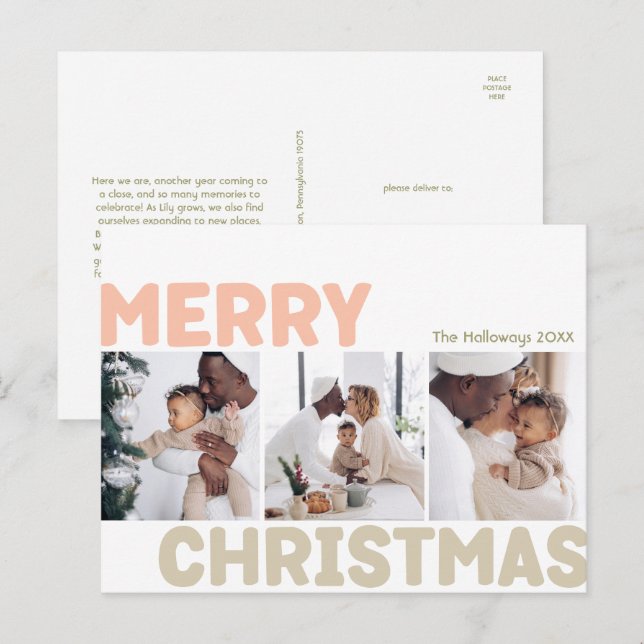 Bold Modern Merry Christmas Year in Review 3 Photo Holiday Postcard (Front/Back)
