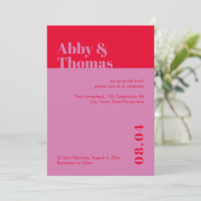 Bold Modern Minimal Typography Red Pink Wedding Invitation (Standing Front)