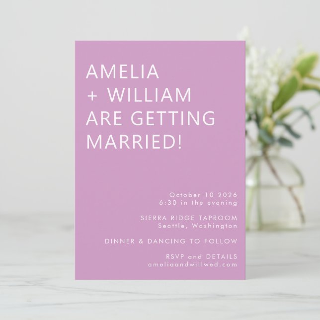 Bold Modern Minimalist Trendy Wedding Purple Invitation (Standing Front)