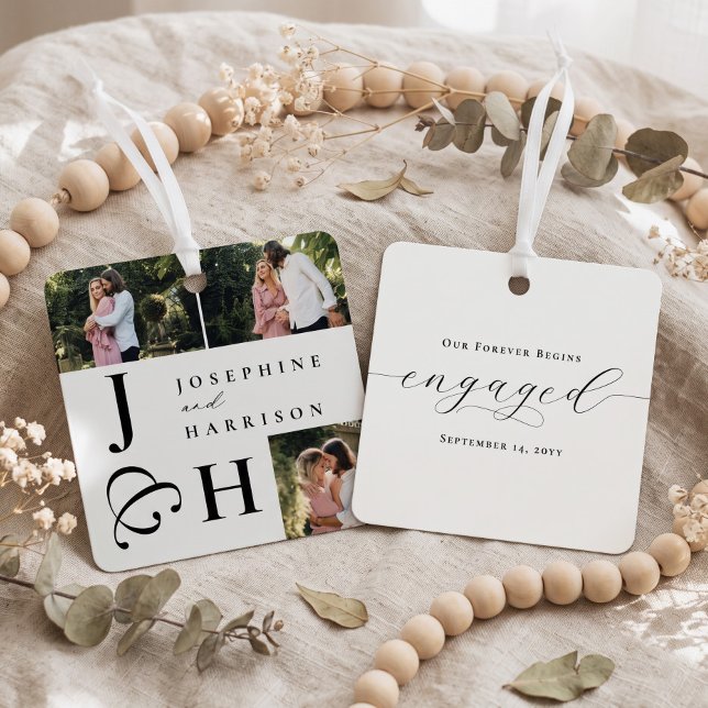 Bold Modern Monogram Engagement Photo Keepsake Metal Ornament (Bold Modern Monogram Engagement Photo Keepsake Metal Ornament (Front & Back))