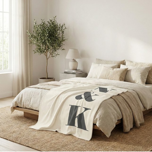 Bold Modern Monogram Initials Black Cream Newlywed Fleece Blanket (Creator Uploaded)