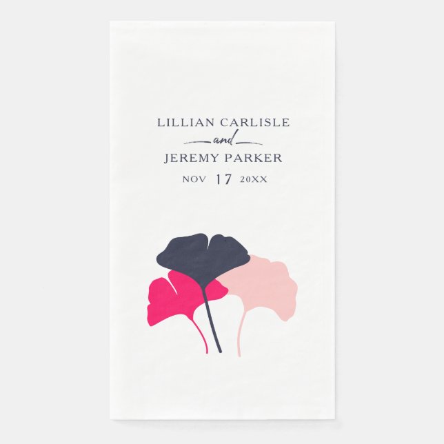 Bold Modern Navy and Pink Ginkgo Leaves Wedding Napkin (Front)