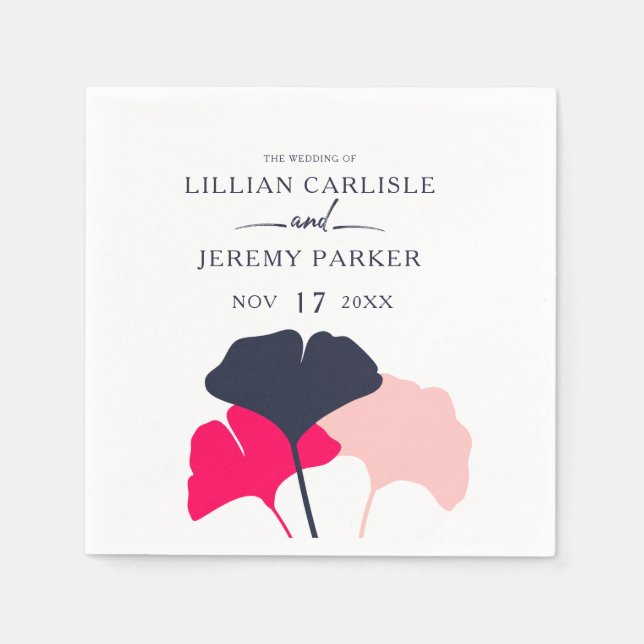 Bold Modern Navy and Pink Ginkgo Leaves Wedding Napkin (Front)