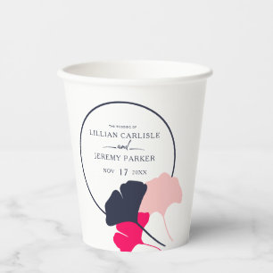 Bold Modern Navy and Pink Ginkgo Leaves Wedding Paper Cups