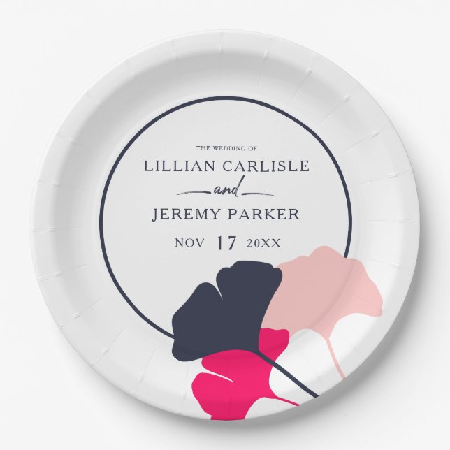 Bold Modern Navy and Pink Ginkgo Leaves Wedding Paper Plate (Front)