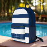 Bold Modern Navy Blue Striped Pattern with Heart Printed Backpack<br><div class="desc">A minimal design with huge stripes and a place to add your name. A tiny heart is included right above the monogram area. A bold yet minimal design with an optional area to add text.</div>