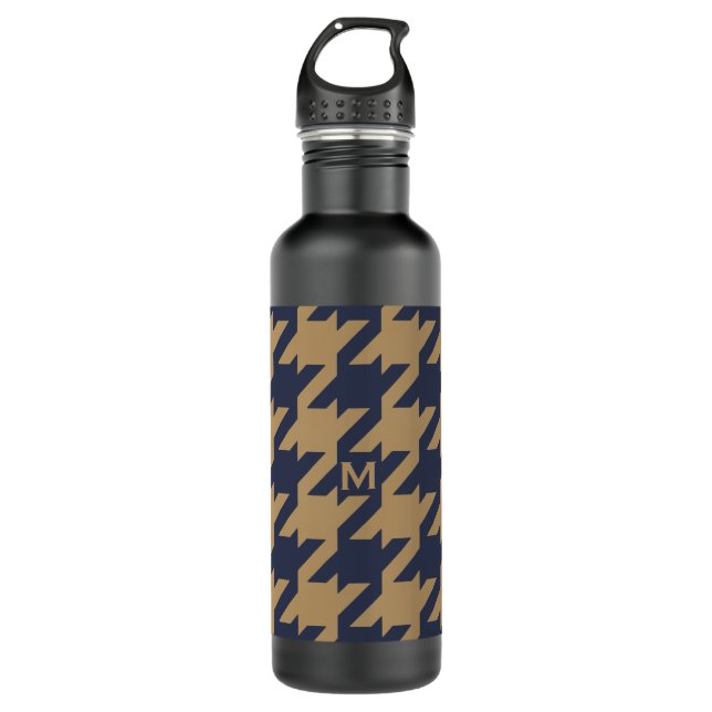 Bold modern navy brown houndstooth with monogram 710 ml water bottle (Front)
