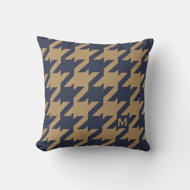 Bold modern navy brown houndstooth with monogram throw pillow (Front)