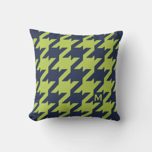 Bold modern navy green houndstooth with monogram throw pillow