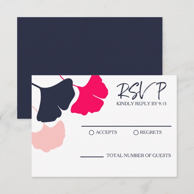 Bold Modern Navy, Pink Ginkgo Leaves Wedding RSVP Card (Front/Back)