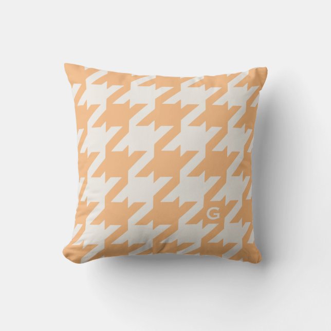 Bold modern orange houndstooth with monogram throw pillow (Front)