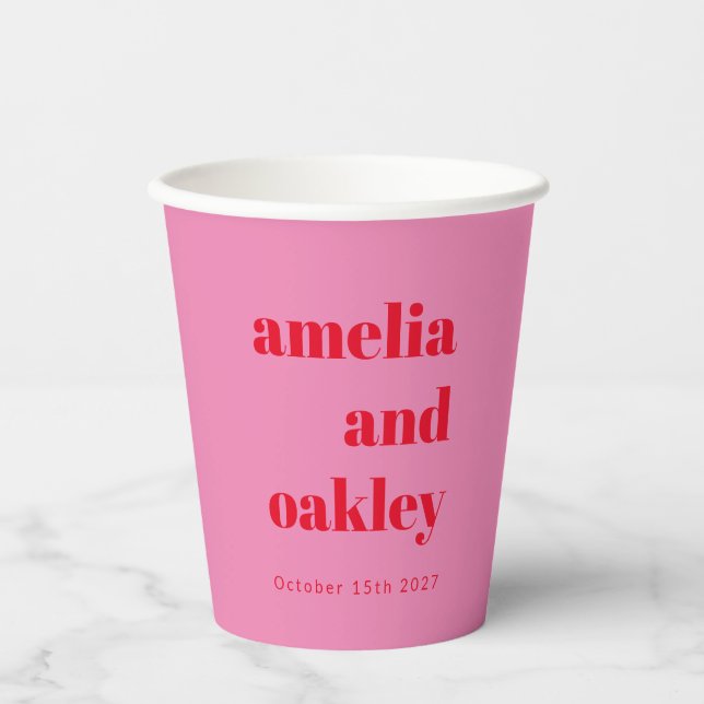 Bold Modern Pink and Red Retro Custom Wedding Paper Cups (Front)