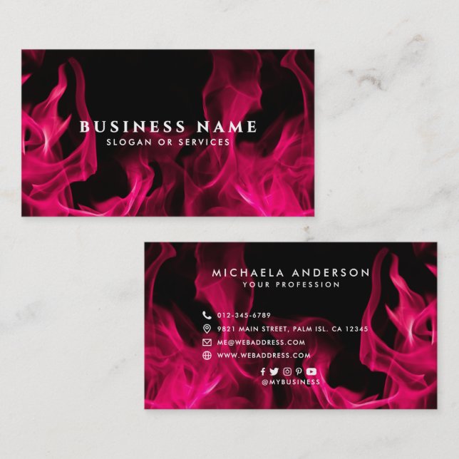 Bold Modern Pink Flames Social Icons Business Card (Front/Back)