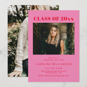 Bold Modern Pink Red Two Photo Graduation Party Invitation
