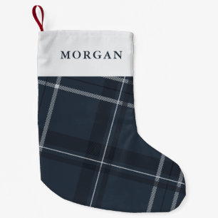 Bold modern plaid navy blue personalized small christmas stocking