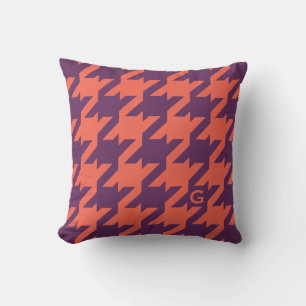 Bold modern purple orange houndstooth monogram throw pillow