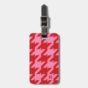 Bold modern red and pink houndstooth monogram luggage tag