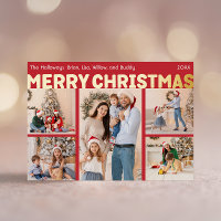 Bold Modern Red Five-Photo Merry Christmas Gold