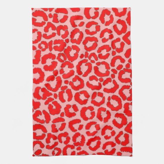 Bold Modern Red Pink Leopard Animal Print Kitchen Towel (Vertical)