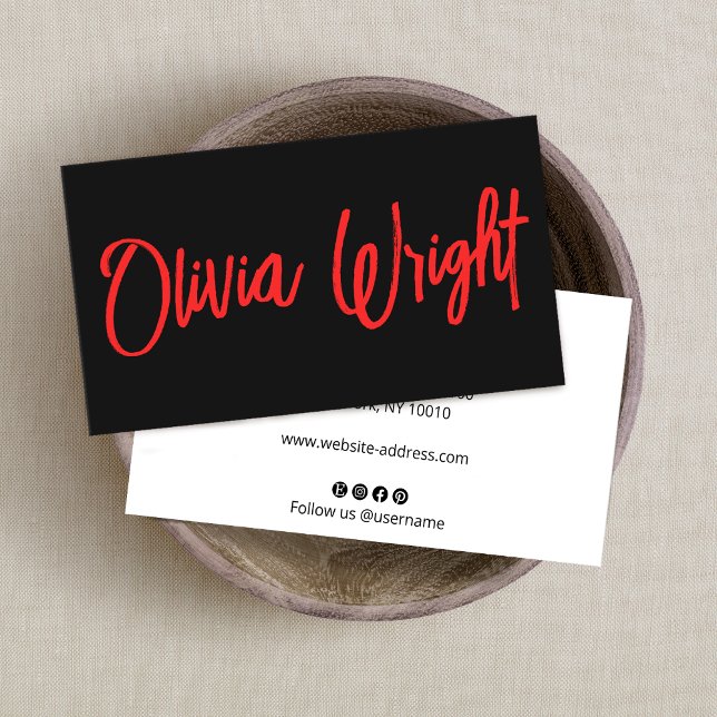 Bold Modern Red Signature Script Typography Black Business Card (Creator Uploaded)