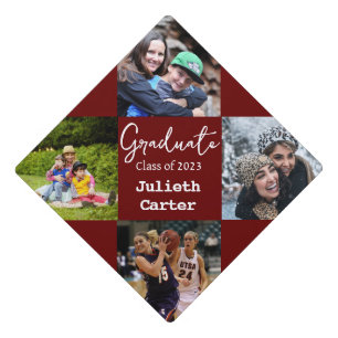 Bold Modern Red Wine Personalized Photo Name Graduation Cap Topper