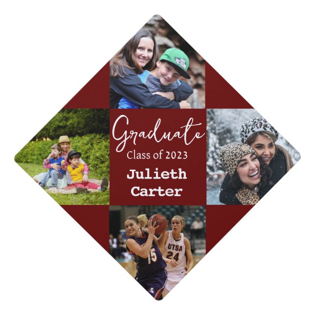Bold Modern Red Wine | Personalized Photo Name Graduation Cap Topper (Front)