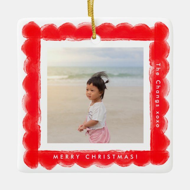 bold modern retro red frame photo square christmas ceramic ornament (Front)