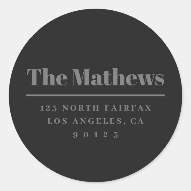 Bold Modern Return Address Dark Grey Classic Round Sticker (Front)