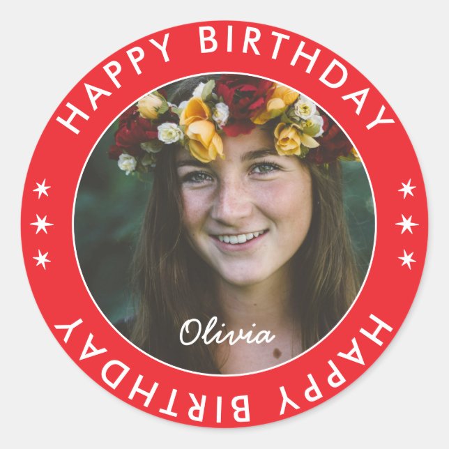 Bold Modern Simple Cute Red Happy Birthday Photo Classic Round Sticker (Front)