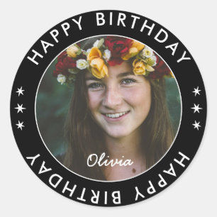 Bold Modern Simple Elegant Happy Birthday Photo Classic Round Sticker