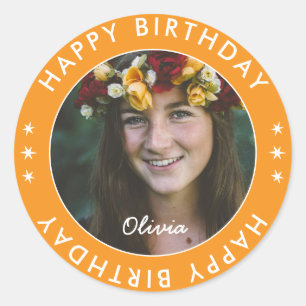 Bold Modern Simple Orange Happy Birthday Photo Classic Round Sticker