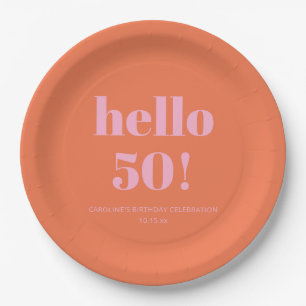 Bold Modern Simple Orange Pink 50th Birthday Party Paper Plate