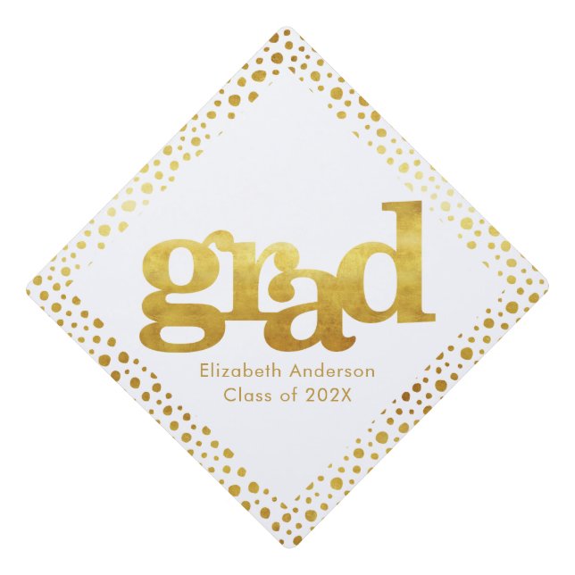 Bold modern simple white gold girly typography graduation cap topper (Front)