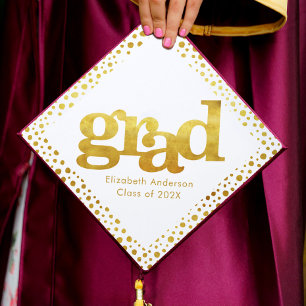 Bold modern simple white gold girly typography graduation cap topper