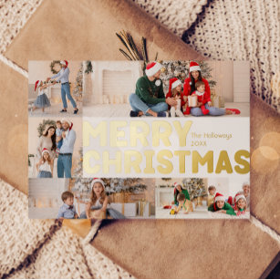 Bold Modern Six-Photo Merry Christmas Gold Foil Holiday Card