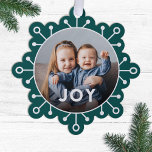 Bold Modern Snowflake Joy Photo Christmas Ornament Card<br><div class="desc">Send unique holiday greetings with these fun photo Christmas cards that double as ornaments or large gift tags! They feature a simple snowflake design, modern typography reading JOY, and a circle shaped photo template over a dark teal background. A dark gradient over the bottom of your photo allows the text...</div>